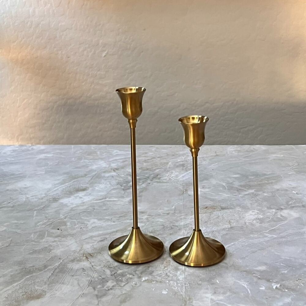 Set of 2 Gold Metal Taper Candle Holders 7.75" & 6.5" Tall - Picture 3 of 7